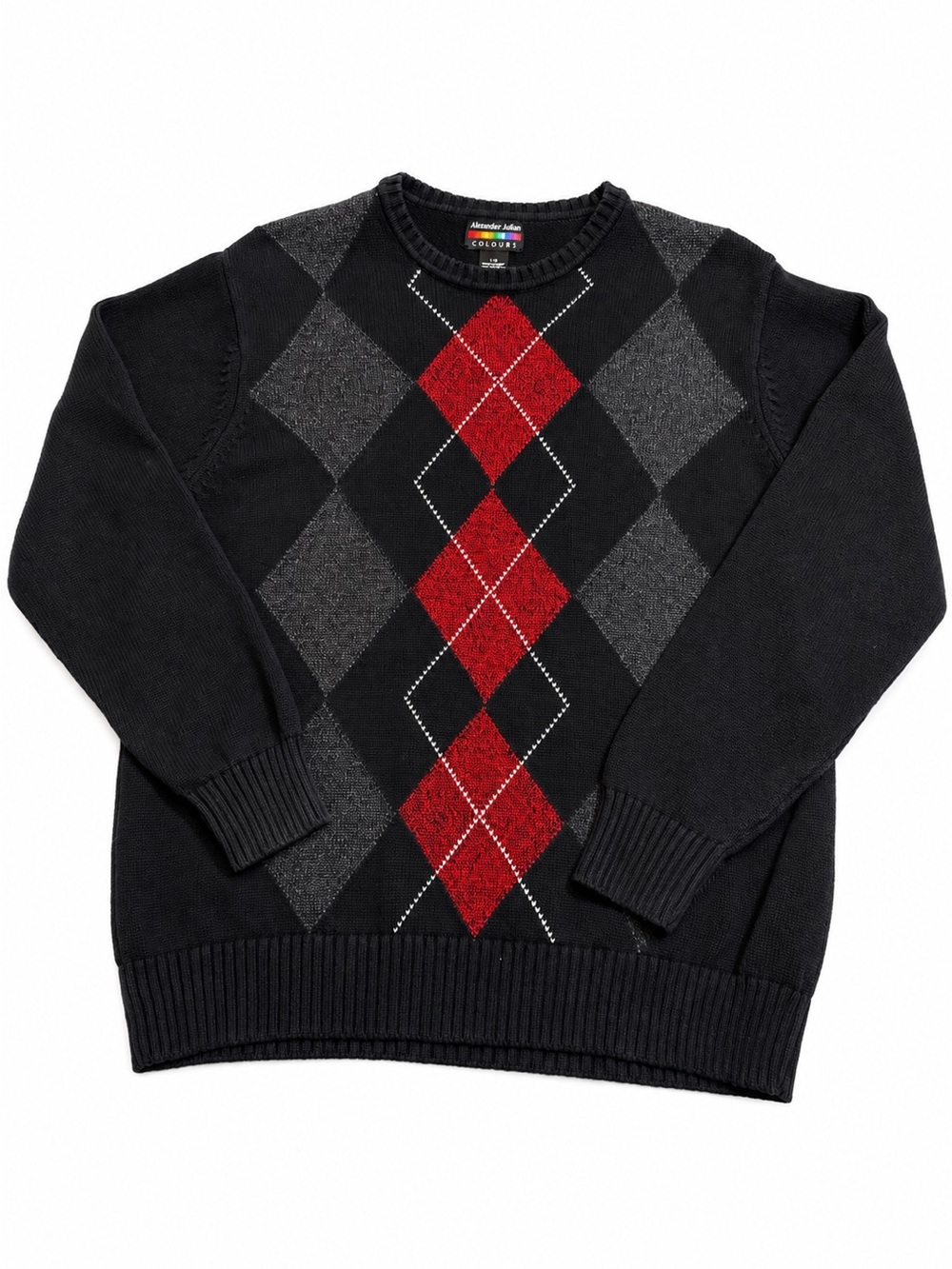 Vintage Alexander Julian Colours Men L Argyle Sweater Black Red 100% Cotton